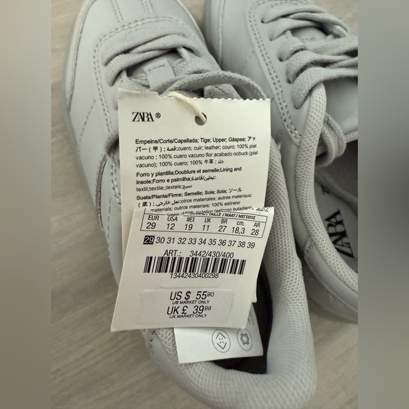 New Zara Kids Shoes Boys Leather Gray Sneakers Sz 12 - Picture 4 of 10